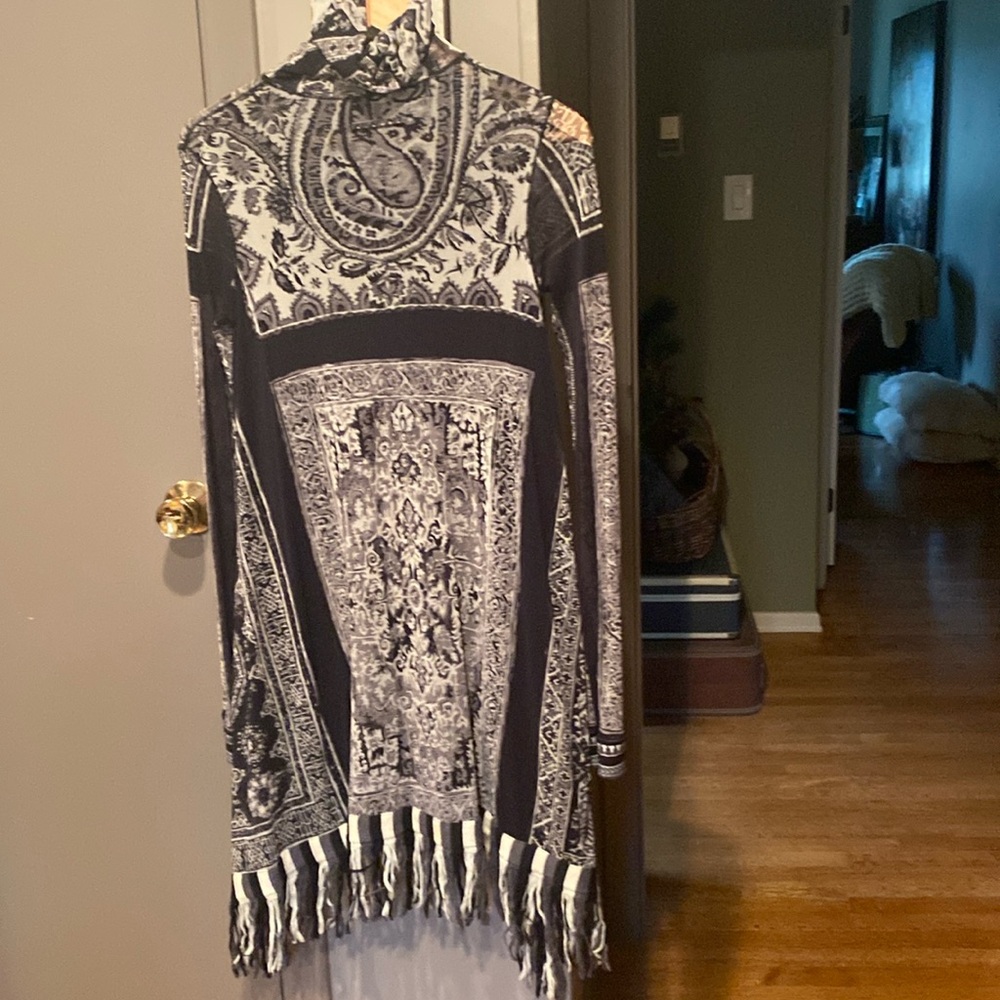 Jean Paul Gautier dress large black, gray, off white, fringe bottom, Italy,